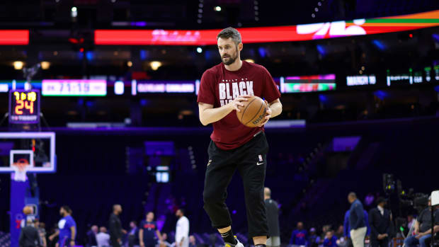 Feb 15, 2023; Philadelphia, Pennsylvania, USA; Cleveland Cavaliers forward Kevin Love before action against the Philadelphia 76ers at Wells Fargo Center. Mandatory Credit: Bill Streicher-USA TODAY Sports